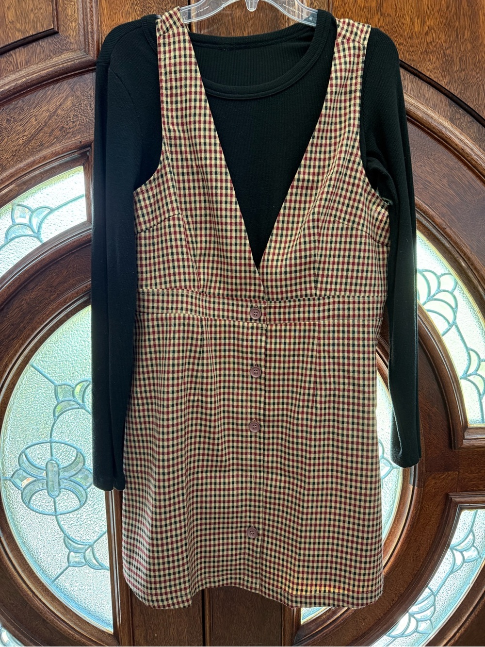 Allegra K Burgundy Plaid Button-Front Pinafore Dress